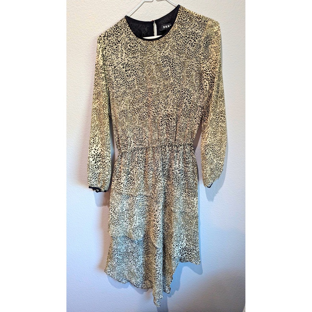 DKNY Dress Women XXS Tan Black Animal Print Tiered Asymmetric Hem Excellent